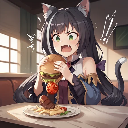 score_9, score_8_up, score_7_up, score_6_up, 1girl,
indoors, restaurant,
<lora:karyl-ponyxl-lora-nochekaiser:1>, karyl, animal ear fluff, animal ears, black hair, black ribbon, cat ears, cat girl, cat tail, fang, green eyes, hair bow, long hair, low twintails, multicolored hair, purple bow, ribbon, skin fang, streaked hair, tail, twintails, vertical stripes, white hair,
blue sleeves, bow, brooch, detached sleeves, dress, frilled sleeves, frills, multicolored clothes, multicolored dress, neck ribbon, sleeveless, sleeveless dress, striped,
<lora:Burger_Malfunction-PonyXL-1024px:1>, burger malfunction,
surprised, exclamation mark, angry,