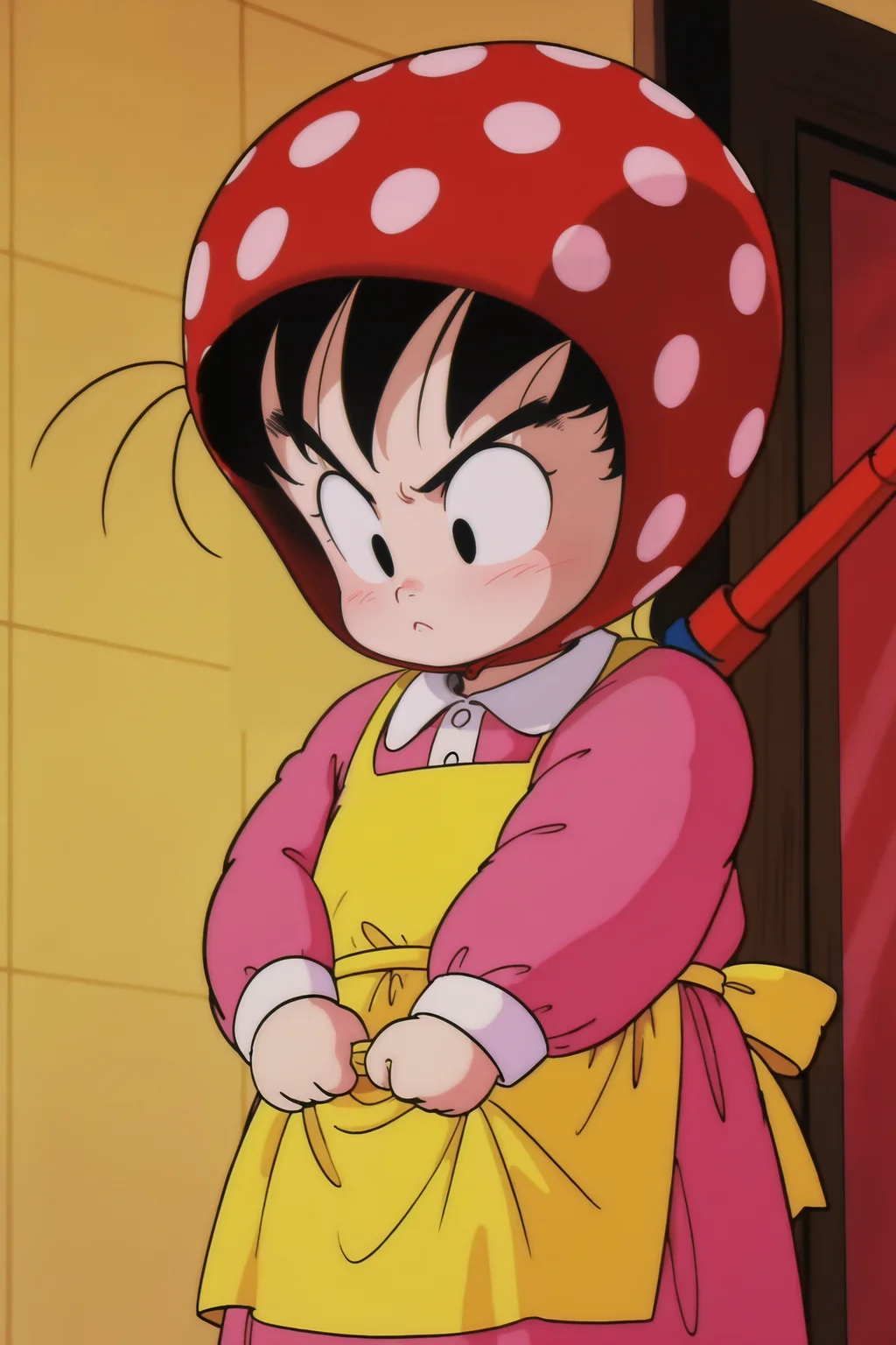 anime screencap, masterpiece, best quality, amazing quality, very aesthetic, absurdres, newest, official style,
son goku, child, solo, black hair, long sleeves, 1boy, pink dress, male focus, black eyes, apron, v-shaped eyebrows, frown, polka dot, shawl, clothes grab, child, crossdressing, male child, yellow apron, looking down, 1980s \(style\), chibi, nyoibo, weapon on back, retro artstyle
<lora:SonGoku_IL:0.8>