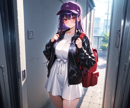 masterpiece, best quality, amazing quality, 1girl, solo, purple hat, long hair, dark purple hair, red eyes, backpack, white dress, black jacket, looking at viewer, tall female ,delivery, <lora:Kakuchou no Okina style ILL-v2:1> kakuchounookina