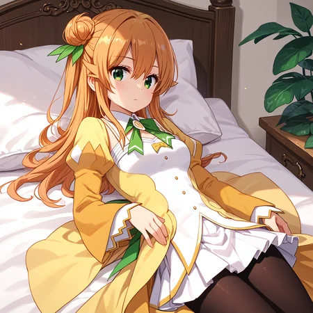 score_9, score_8_up, score_7_up, score_6_up, score_5_up, score_4_up, BREAK source_anime, look at viewer, rating_safe, 1girl, solo, bedroom, lying, on bed, masterpiece, best quality, high detailed skin, hinatsuki mikan, single hair bun, long hair, orange hair, green eyes, magical girl, leaf hair ornament, long sleeves, neck ribbon, yellow dress, green bow, juliet sleeves, white skirt, waist cape, miniskirt, black pantyhose,