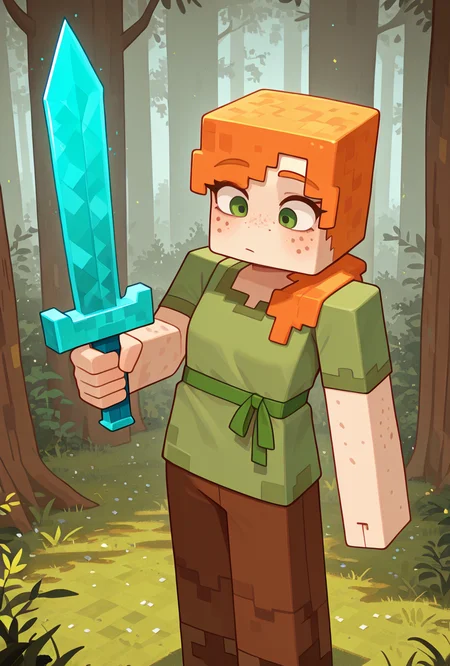 <lora:alexmc-05:1> alexmc, orange hair, 1girl, solo, green eyes, long green shirt, brown pants, short sleeves, freckles, square arms, square body, green waist ribbon, minecraft forest, holding diamond sword, blue sword,, masterpiece, best quality, amazing quality, very aesthetic, absurdres, newest,
