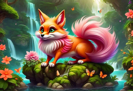 a cute fantasy animal resembling a mix between a fox and a squirrel, with large expressive eyes, fluffy fur, and a bushy tail, standing on a moss-covered rock surrounded by butterflies, in an enchanted forest with a waterfall in the background, lush greenery, and colorful flowers, whimsical cartoon-like style, soft lighting, bright magical atmosphere, soft greens, pinks, and purples, playful and enchanted feel