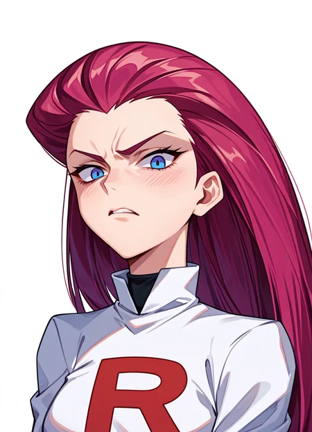 score_9,score_8_up,score_7_up,score_6_up, source_anime, <lora:disgusted_face_xl_goofy:1> disgusted face, solo, 1girl, looking at viewer, disgust, dress, upper body, white background , jessie \(pokemon\), long hair, hair pulled back,team rocket, team rocket uniform,