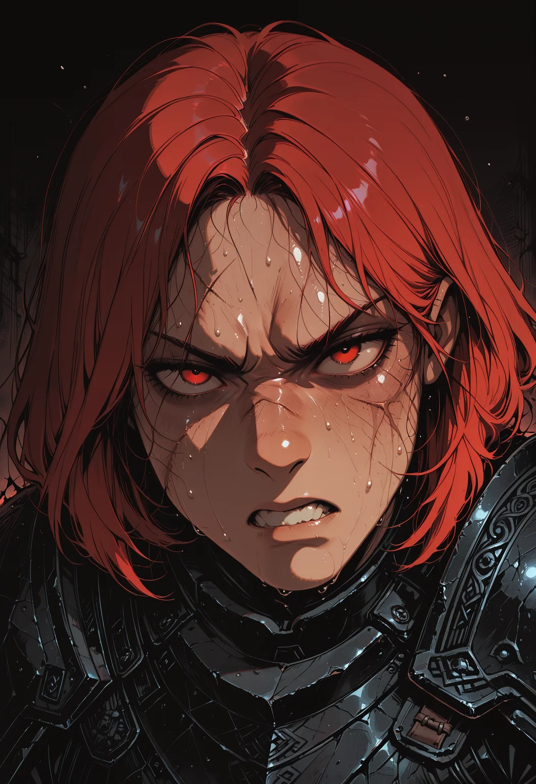embedding:IllusP0s, codex sss chroma
1girl, solo, close-up, looking_at_viewer, armor, red_hair, short_hair, angry, clenched_teeth, baring_teeth, sweat, scar, scar_on_face, black_armor, dark_background