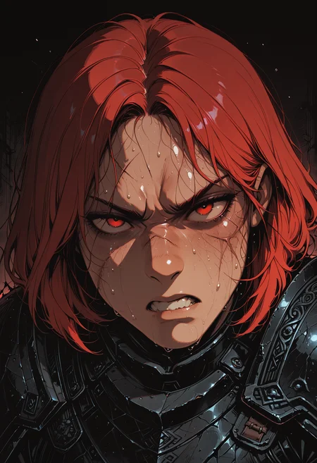 embedding:IllusP0s, codex sss chroma
1girl, solo, close-up, looking_at_viewer, armor, red_hair, short_hair, angry, clenched_teeth, baring_teeth, sweat, scar, scar_on_face, black_armor, dark_background