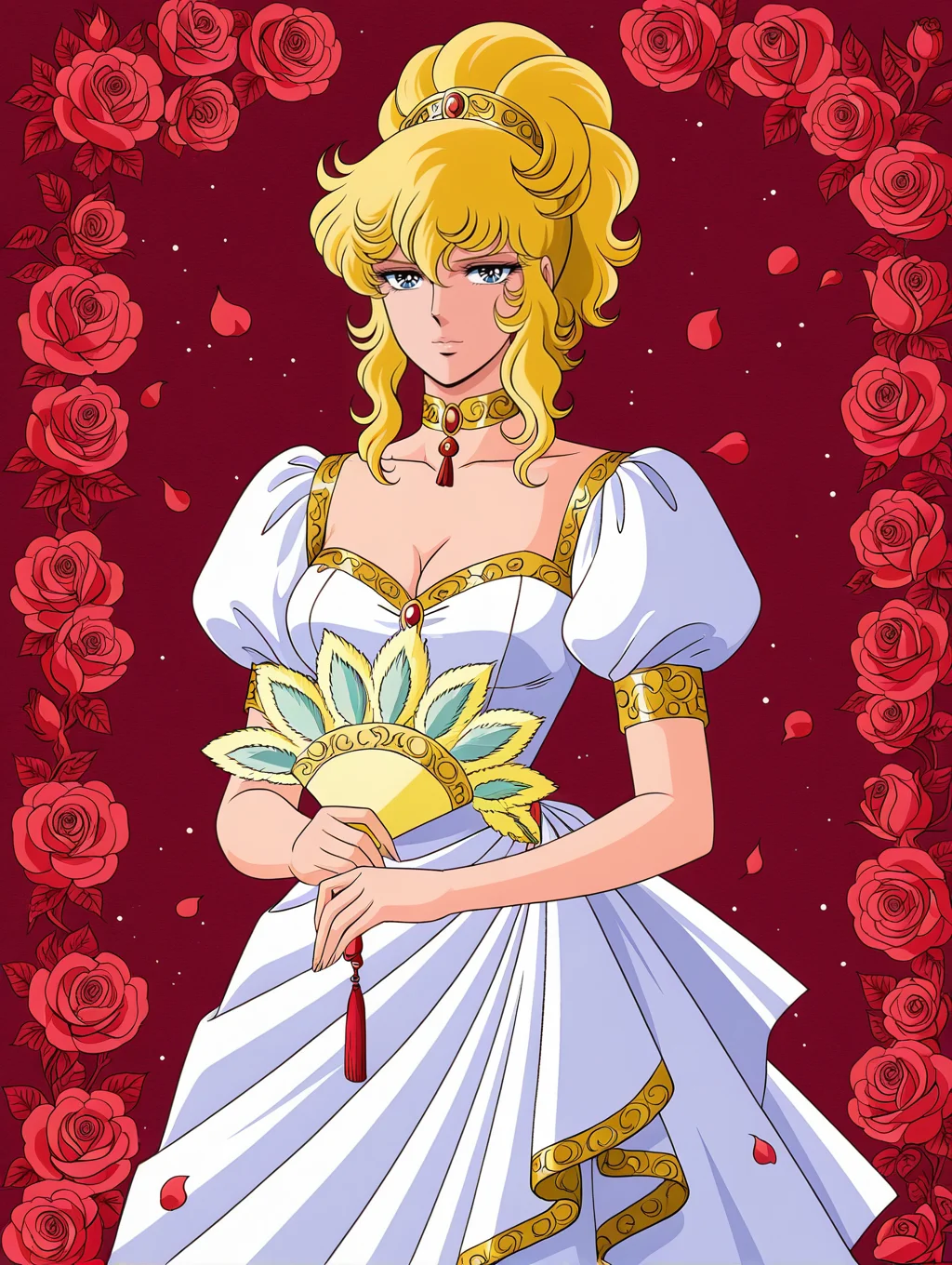 retro artstyle,1970s \(style\),oscar francois de jarjayes,1girl,solo,red rose,red petals,hand fan,holding hand fan,cleavage,gold choker,looking at viewer,medium breasts,white gown,puffy short sleeves,ponytail,
masterpiece,best quality,amazing quality,very aesthetic,absurdres,newest,<lora:oscar_francois_de_jarjayes illusXL v1:0.72>,