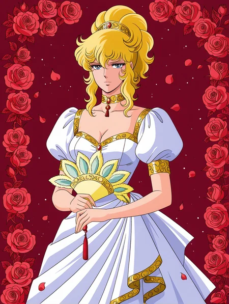 retro artstyle,1970s \(style\),oscar francois de jarjayes,1girl,solo,red rose,red petals,hand fan,holding hand fan,cleavage,gold choker,looking at viewer,medium breasts,white gown,puffy short sleeves,ponytail,
masterpiece,best quality,amazing quality,very aesthetic,absurdres,newest,<lora:oscar_francois_de_jarjayes illusXL v1:0.72>,