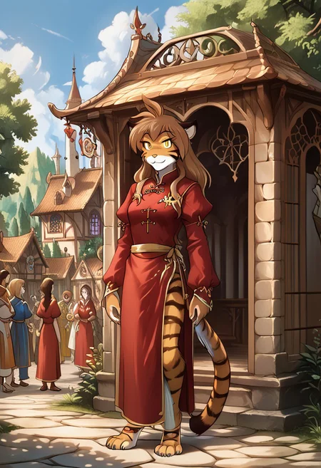 (absurdres, best quality, masterpiece:1.4), score_9, score_8_up, score_7_up, score_6_up, detailed, detailed body, detailed face, fantasy, 
source_furry, source_anime, 
flora-twokinds, tiger, striped fur, keidran, yellow eyes, slit pupils, anthro, natural breasts, tiger tail, 
(red dress, LOAwdl34pXL, qipao), 
smile, 
outdoors, fantasy village background, South European architecture, ((multiple crowds, human, varied clothing, colorful medieval clothing)), Vintage, 1990s \(style\)