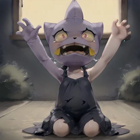 score_9, score_8_up, score_7_up, score_6_up, (((corrupted, possessed))), asymmetrical partial transformation, (cutie), full body, petite cute, plush proportions, (banette girl), transformation, bytransform, feral transformation, (feral), mid-transformation, nubile 18yo girl, f3mp0v, (realistic fabric texture, realistic skin), acerola partially transformed into a banette, her arms are growing unnaturally long flat as they asymmetrically unevenly transform into long banette arms with larger forearms, her legs are shrinking and asymmetrically very short, tiny nub legs, featureless feet, orso is starting to shrink and become round transforming into a banette torso, bright pink skin torso arms legs, (her dress is falling off:1.2), Banette, solo, pokemon (creature), fabric skin, acerola (pokemon), collarbone, purple dress, stitches, multicolored dress, armlet, short, ((intense pleasure and (intense fear))), shouting, screaming, scared, sweating, dotted seams, (cutie, young, soft features:1.1), evening, bedroom, scary, empty, dark, low lighting, well lit, dim, ripped clothes, dynamic lighting, nighttime, night time, anthro face, tiny legs, living plushie, animate inanimate