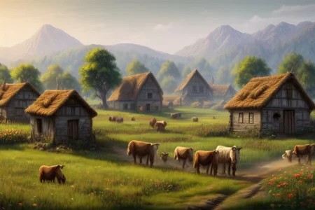 medieval, <lora:Medieval_Headwear:0.5> mehe, villager with a linen hood, wearing a linen shirt and trousers, carrying a bucket, weary and tired, showing signs of a long day's work and a weathered face,
<lora:FantasyFarm:0.6> fantfa, quiet medieval village outskirts with fields of crops and grazing animals,
morning, windy, dynamic light, HD, very detailed, <lora:more_details:1>