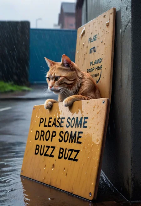 cat, board,text, big board with text,("Please drop some buzz":1.4), outdoors, poor, wall, (wet fur:1.1),(sad, tears from eyes), (crying:1.5), street, by wall holding board on his paws, (from above), low angle, 8k, ultra detailed, cinematic, rain, close-up