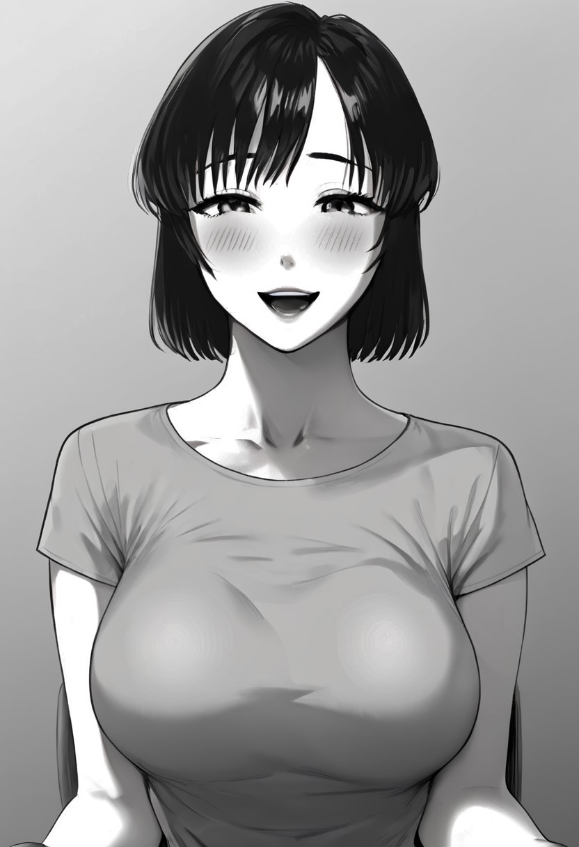 score_9_up, score_8_up, score_7_up, high quality image, masterpiece, source_anime, aimi, 1girl, greyscale, monochrome, breasts, solo, large breasts, open mouth, looking at viewer, shirt, short sleeves, collarbone, blush, bangs, smiling