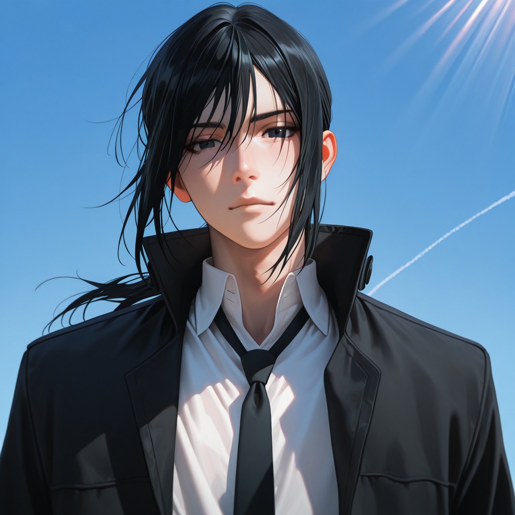 masterpiece, best quality, amazing quality, absurdres, newest, detailed background, definition so sharp, Ultra-HD, 8K cinematic, very awa, impressionate, amazing quality, highres, 
solo, male focus, manly, day, sunbeam, blue sky,
kurohyatogami, kuroh_black hair, kuroh_black eyes, 1boy, low tied hair, long hair, black coat, high collar, white collared shirt, black tie, 
calm face, looking at viewer, proud, aesthetic,windy,