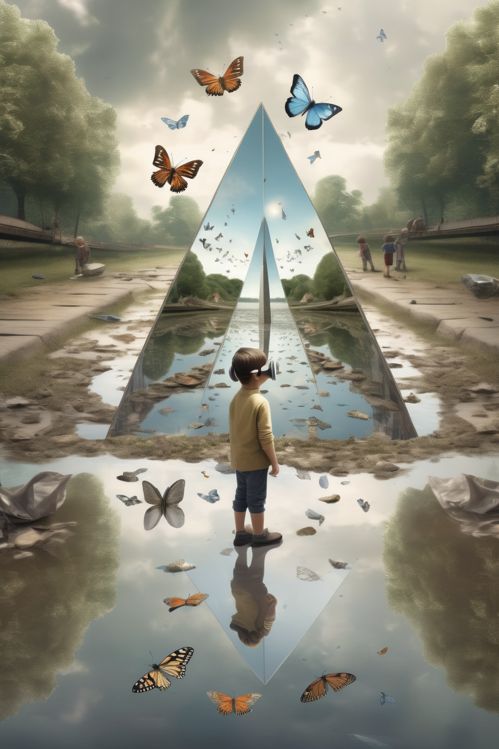 <lora:Erik Johansson Style:1>Erik Johansson Style - a kid withgoggles looking at mirrored object in the shape of obelisk that is a dimension to a very natural world that has butterflies birds deer whales fish coming out of it on an urban stream