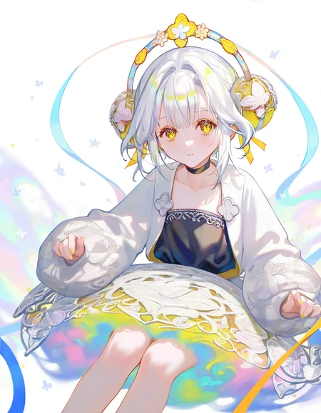 yinxiangnang,1girl,solo,looking at viewer,white background,<lora:yinxiangnang-000014:1>,simple background,cowboy shot,white hair,sitting,, masterpiece, best quality, very aesthetic, absurdres,newest, incredibly absurdres,, 8k,best quality,masterpiece,(ultra-detailed),(high detailed skin),((artist:reoen),(artist:fuzichoco),(artist:atdan),(artist:torino_aqua),year 2024:0.8),[artist:wlop],[artist:ningen_mame],artist:ciloranko,[[artist:rhasta]],artist:tidsean,colorful,