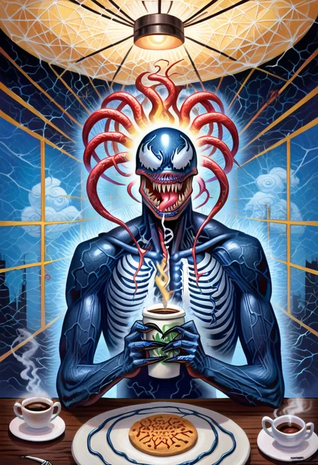 zPDXL, 1 carnage, 1 venom, drinking coffee, rating_safe, alexgrey ,lattice ,anatomical ,veins,  <lora:Alex_Grey_PonyXL:0.8>