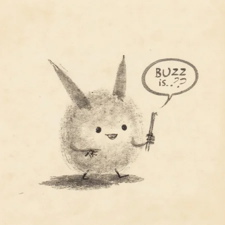 tokugawa style ink painting,
a cute creature saying "BUZZ is...?".