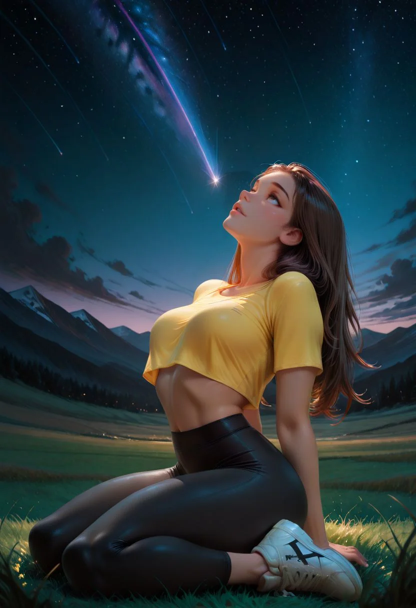 SmoothNoob_Quality, 1girl, solo, brown hair, long hair, loose hair, detailed eyes, parted lips, slight smile, cropped top, yellow top, midriff, toned, leggings, black pants, white sneakers, on grass, leaning back, looking up, sitting, side view, arched back, night light, starry sky, low light, night sky, field, grassy, dark background, mountains, scenery, shooting star, full body, <lora:SmoothStyle_Lambda:1>