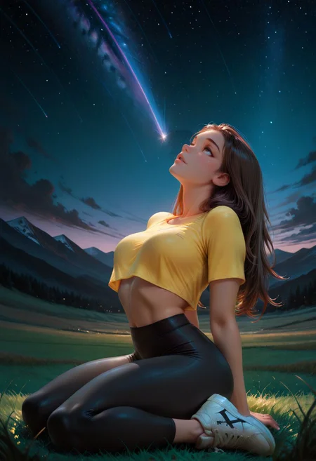 SmoothNoob_Quality, 1girl, solo, brown hair, long hair, loose hair, detailed eyes, parted lips, slight smile, cropped top, yellow top, midriff, toned, leggings, black pants, white sneakers, on grass, leaning back, looking up, sitting, side view, arched back, night light, starry sky, low light, night sky, field, grassy, dark background, mountains, scenery, shooting star, full body, <lora:SmoothStyle_Lambda:1>
