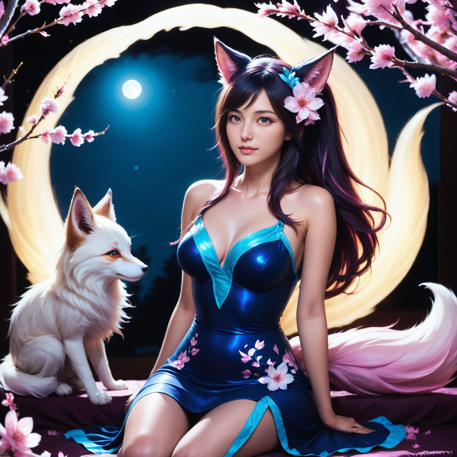 bluefoxeij <lora:bluefoxeijSDXL-000009:0.7>, lying, cherry blossom petals, flowers, night sky, cherry blossoms, dark, moonlight, dimmed light, from avove, dynamic dramatic beautiful full taking, handsome, glossy, dynamic, vibrant, advanced cinematic perfect light, highly detailed, contemporary, woman with foxtails, moody lighting, grim, <lora:Jedtailer:0.2>,