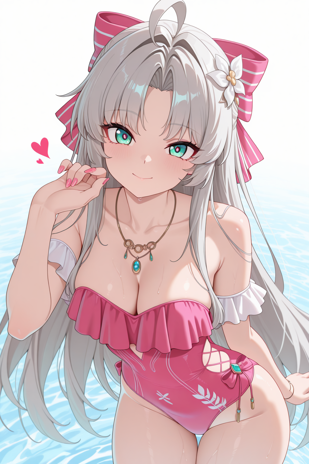 masterpiece, best quality, absurdres, amazing quality, anime coloring, <lora:Carlotta_Splashing_Summer_Wuthering_Waves:1>, CarSW, 1girl, ahoge, aqua eyes, bare shoulders, bow, breasts, casual one-piece swimsuit, cleavage, closed mouth, fingernails, grey hair, hair bow, hand up, heart, jewelry, long fingernails, long hair, medium breasts, nail polish, necklace, official alternate costume, one-piece swimsuit, parted bangs, pink bow, pink nails, pink one-piece swimsuit, smile, solo, striped bow, swimsuit, thighs, very long hair