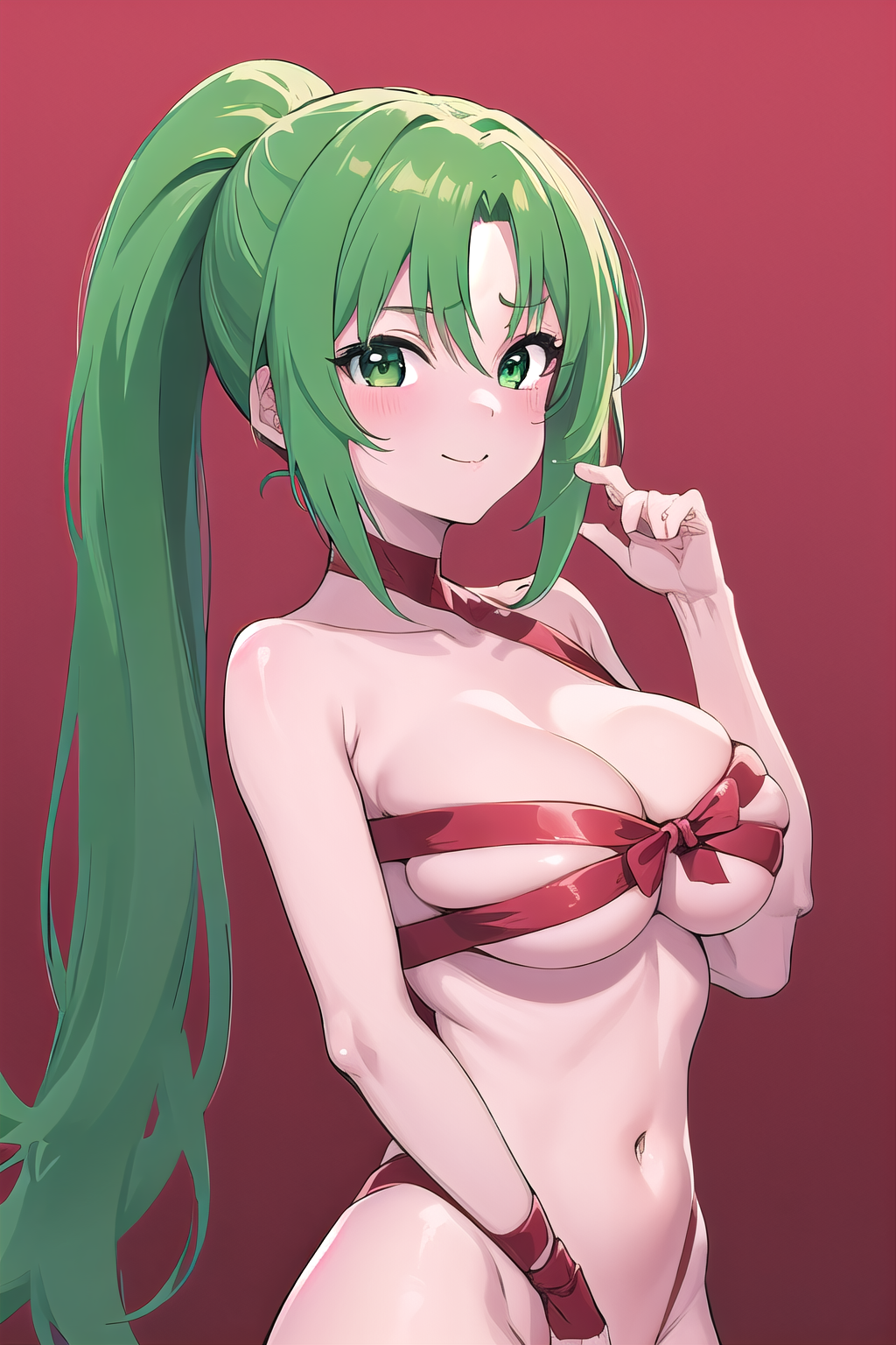 masterpiece, best quality, ultra-high-detailed, 1girl, naked ribbon, Mion Sonozaki, green hair, green eyes, ponytail,