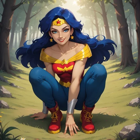 score_9, score_8, BREAK, solo, Diana_Prince_(DC_Super_Hero_Girls), Wonder Woman, blue eyes, long hair, navy-blue hair, dark skin, dark skin female, athletic, fit hourglass figure, earrings, hairband, red shirt with yellow highlights, blue jeans, star printed jeans, red boots, wings on boots, self portrait, smile, looking at viewer, outdoors, sunlight, shadows, evening lighting, natural lighting, forest, trees, grass, orange sky, sunset