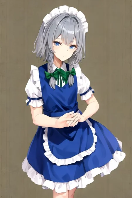 Sakuya, maid headdress, izayoi sakuya, braid, twin braids, grey hair, short hair, sakuya, solo, looking at viewer, bow, blue eyes, hair bow, green bow, bangs, maid, puffy sleeves, short sleeves, apron, dress, blue dress