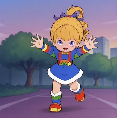 <lora:Rainbow Brite Illustrious 1:1>, rainbow brite running towards the viewer running along a rainbow