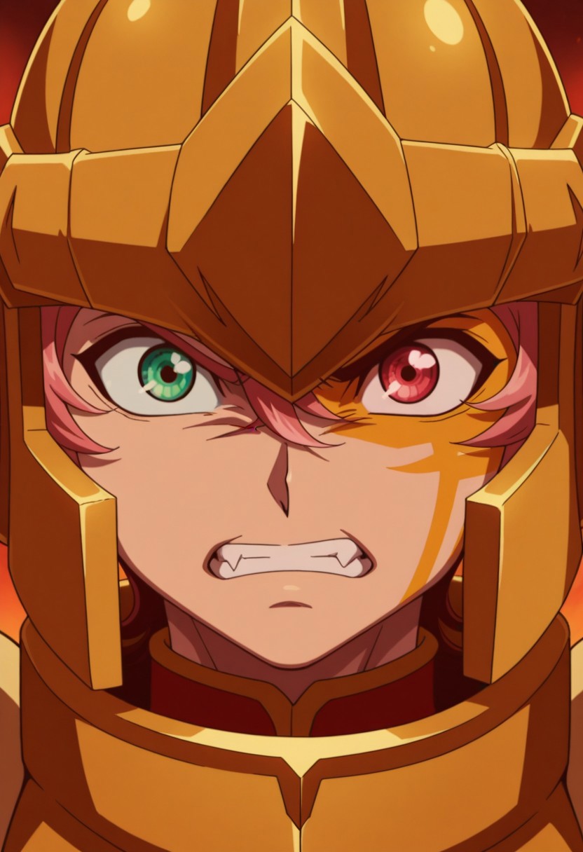 masterpiece,best quality,amazing quality, source_anime, 
MichArclight, 1boy, male focus, solo, heterochromia, green eyes, red eyes, facial tattoo, pink hair, helmet, gold armor, portrait, clenched teeth,