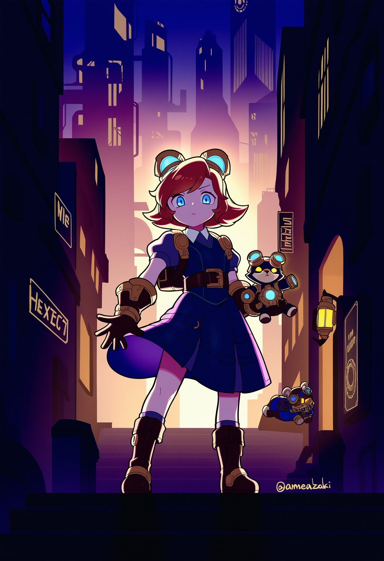 (masterpiece:0.7) scenery,uso \(ameuzaki\),  
annie \(league of legends\),  hextech annie, league of legends,  holding hextech teddy bear, 1girl, solo, long hair, looking at viewer, bangs, blue eyes,  brown hair, shirt, gloves, steampunk, outdoors, city, dress, animal ears, standing, full body, white shirt, short sleeves, boots, puffy sleeves, belt, bag, puffy short sleeves, fake animal ears, blue dress, swept bangs, glowing, stuffed toy, backpack, stuffed animal, goggles, glowing eyes, brown gloves, goggles on head,wildrift,