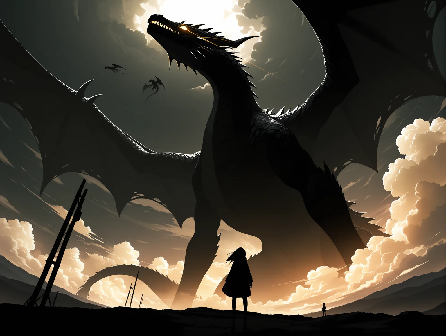 solo, 1girl, scenery, wide shot, epic cloud, silhouette theme, from below, silhouette, high contrast, ligh contrast, dragon, giant monster, glowing eyes, empty eyes, sensitive,
,masterpiece,best quality,amazing quality,
