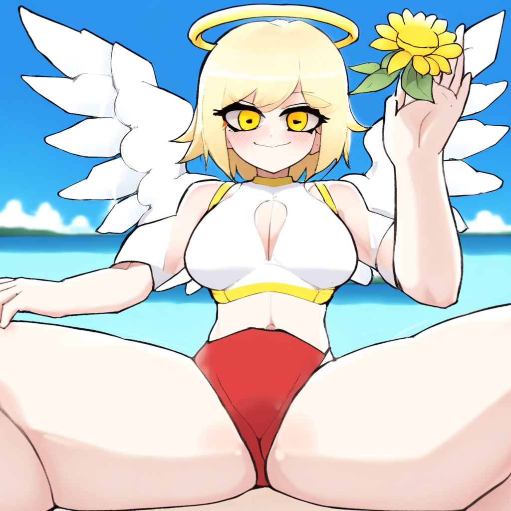 cloud, hair over one eye, mechanical wings, halo, 1girl, :d, yellow eyes, lying, navel, flower, white leotard, multiple girls, red eyes, bangs, blue shorts, sweat, smile, breasts, aqua eyes, animification, spread legs, teeth, beach, hair flower, blonde hair, thighs