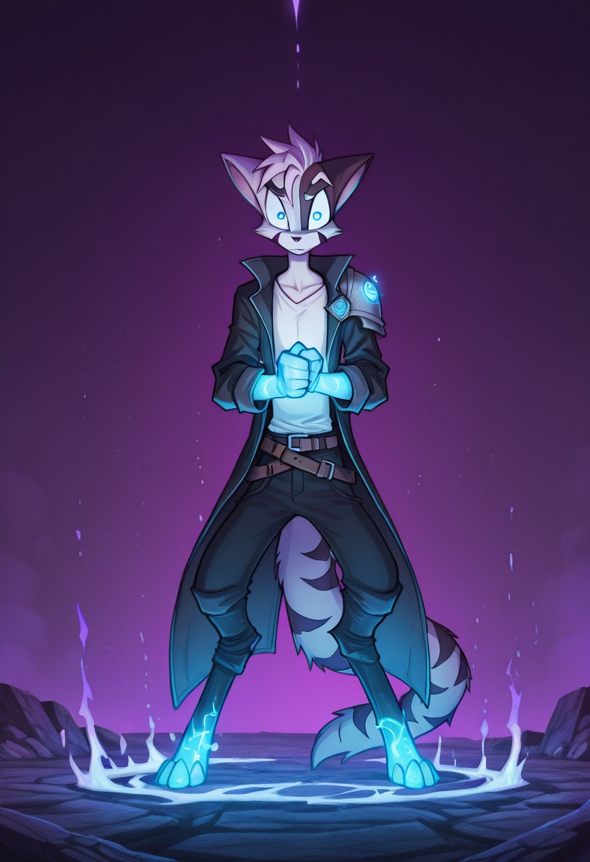 Mace, Dreamkeepers, 1boy, solo, standing,  glare, arms down, fists, strong, power, epic, blue aura, blue glow, glowing blue, glowing eyes, single armor shoulder plate, long jacket, dangling arms,   ((epic)), blue eyes,  open jacket, white shirt, eyes half closed, anthropomorphic, feline-like, spiky hair, tail, front view, masterpiece, high detail, ((epic)), black jacket, wavy hair, looking at viewer, blue shoulder plate, glowing eyes, blue glow, purple sky,  black pants, belts,