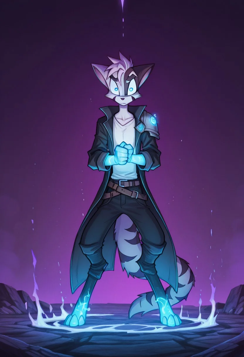 Mace, Dreamkeepers, 1boy, solo, standing, glare, arms down, fists, strong, power, epic, blue aura, blue glow, glowing blue, glowing eyes, single armor shoulder plate, long jacket, dangling arms, ((epic)), blue eyes, open jacket, white shirt, eyes half closed, anthropomorphic, feline-like, spiky hair, tail, front view, masterpiece, high detail, ((epic)), black jacket, wavy hair, looking at viewer, blue shoulder plate, glowing eyes, blue glow, purple sky, black pants, belts,