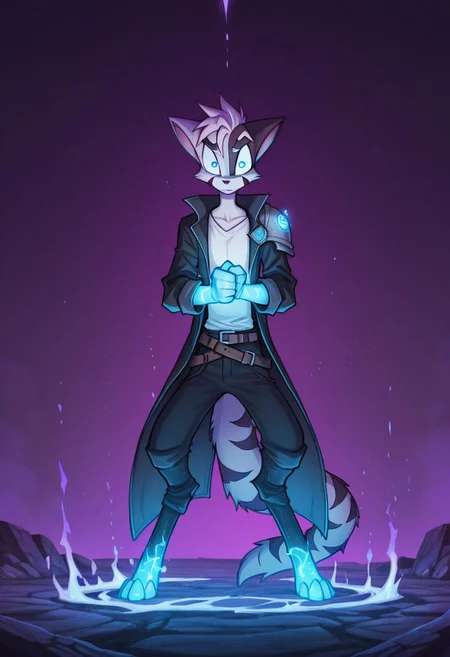 Mace, Dreamkeepers, 1boy, solo, standing, glare, arms down, fists, strong, power, epic, blue aura, blue glow, glowing blue, glowing eyes, single armor shoulder plate, long jacket, dangling arms, ((epic)), blue eyes, open jacket, white shirt, eyes half closed, anthropomorphic, feline-like, spiky hair, tail, front view, masterpiece, high detail, ((epic)), black jacket, wavy hair, looking at viewer, blue shoulder plate, glowing eyes, blue glow, purple sky, black pants, belts,