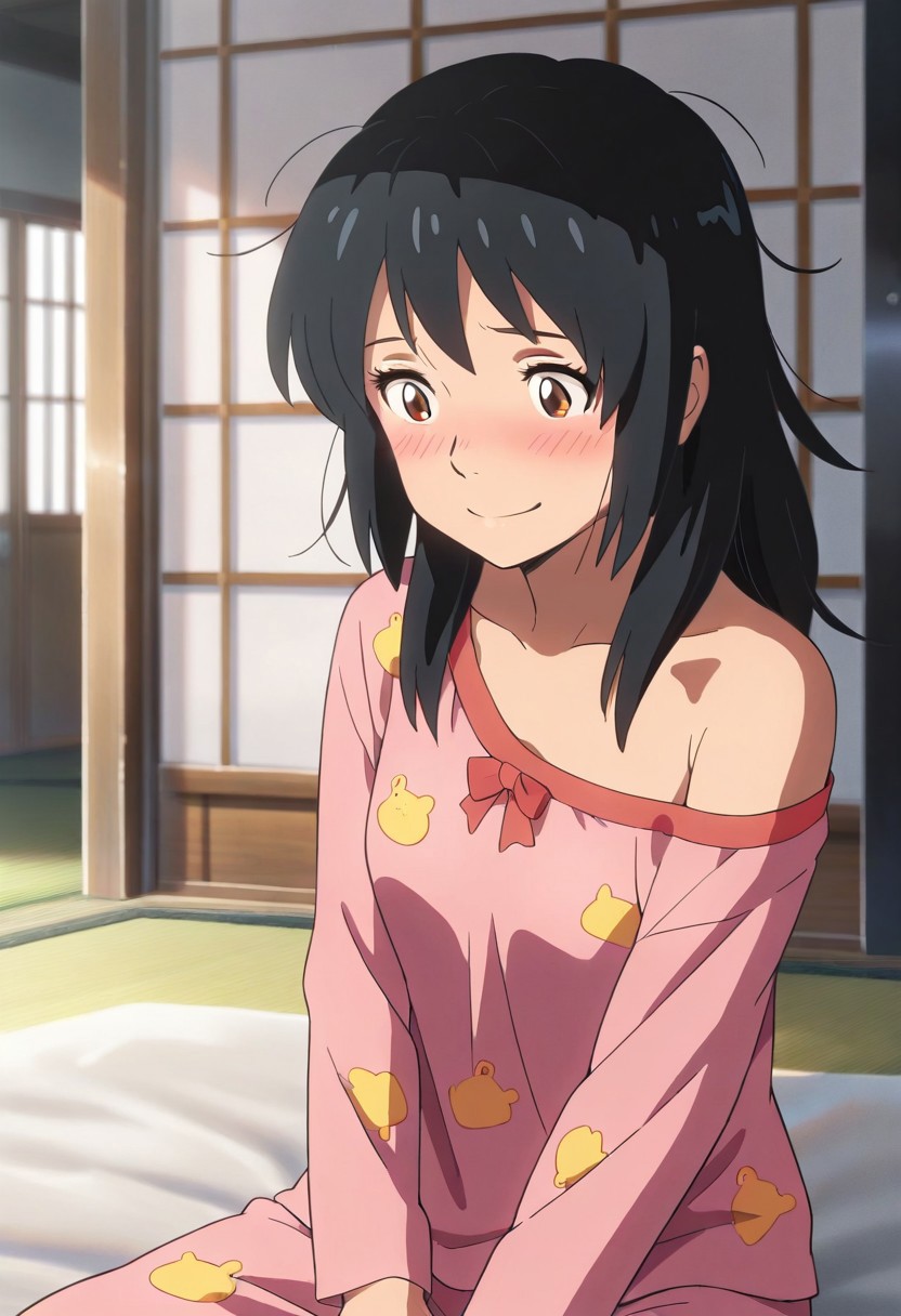 masterpiece,best quality,amazing quality, miyamizu mitsuha, black hair, brown eyes, 1girl, solo, messy hair, pajamas, long hair, off shoulder, smile, blush, collarbone, sitting, personality switch