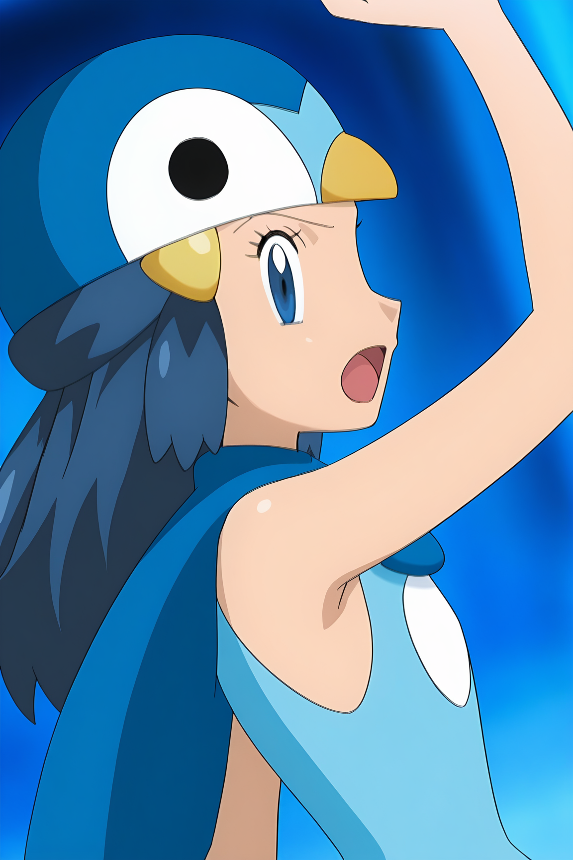 anime, animification, anime screencap, anime coloring, vivid colors, depth of field, high quality, highres, (dynamic angle,dynamic pose), dawnpip, 1girl, solo, long hair, looking at viewer, open mouth, blue eyes, hair ornament, piplup \(cosplay\), hat, blue hair, upper body, sleeveless, tongue, hairclip, looking back, armpits, from behind, cape, arm up, flat chest, sleeveless shirt, bare arms, cosplay, blue background, blue headwear, blue theme, oekaki, sideways mouth, piplup, shirt, animal hat, sidelocks, hand up, from side, eyelashes, beanie, dawn \(pokemon\), sideboob, breasts
<lora:Dawn_Piplup_Cosplay-10:1>