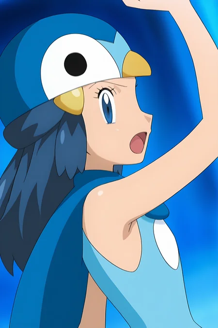 anime, animification, anime screencap, anime coloring, vivid colors, depth of field, high quality, highres, (dynamic angle,dynamic pose), dawnpip, 1girl, solo, long hair, looking at viewer, open mouth, blue eyes, hair ornament, piplup \(cosplay\), hat, blue hair, upper body, sleeveless, tongue, hairclip, looking back, armpits, from behind, cape, arm up, flat chest, sleeveless shirt, bare arms, cosplay, blue background, blue headwear, blue theme, oekaki, sideways mouth, piplup, shirt, animal hat, sidelocks, hand up, from side, eyelashes, beanie, dawn \(pokemon\), sideboob, breasts
<lora:Dawn_Piplup_Cosplay-10:1>