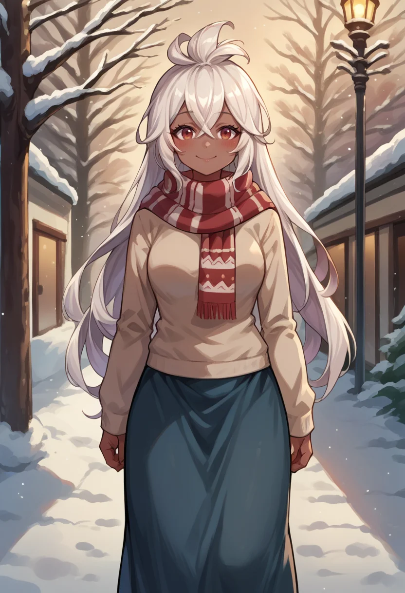 score_9, score_8_up, source_anime, 1girl, solo, Zooey, dark skin, long hair, ahoge, turtleneck sweater, long skirt, outdoors, scarf, winter, smile, blush, <lora:ChamZooeyGBPonyXL:1>