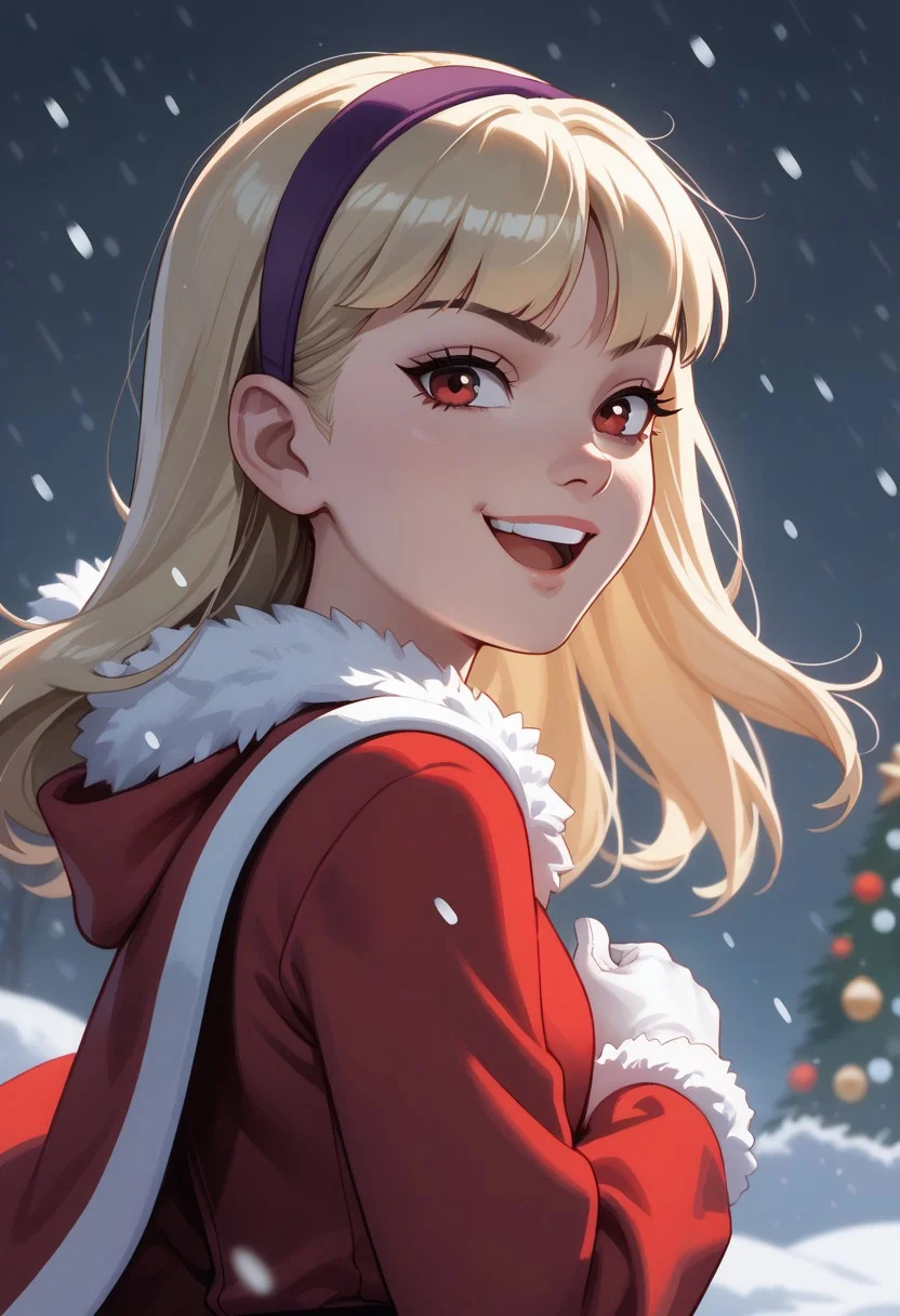 score_7, score_7_up, score_9, score_9_up, BREAK, DC_Justice, 1girl, blond hair, red eyes, purple hairband, , smug smile, arched back, cowboy shot, solo, , (portrai shot, upper body), happy, looking at viewer, upper teeth, looking at viewer, christmas, fur trim, red capelet, red dress, fur-trimmed dress, long sleeves, white gloves, snowing, outdoors