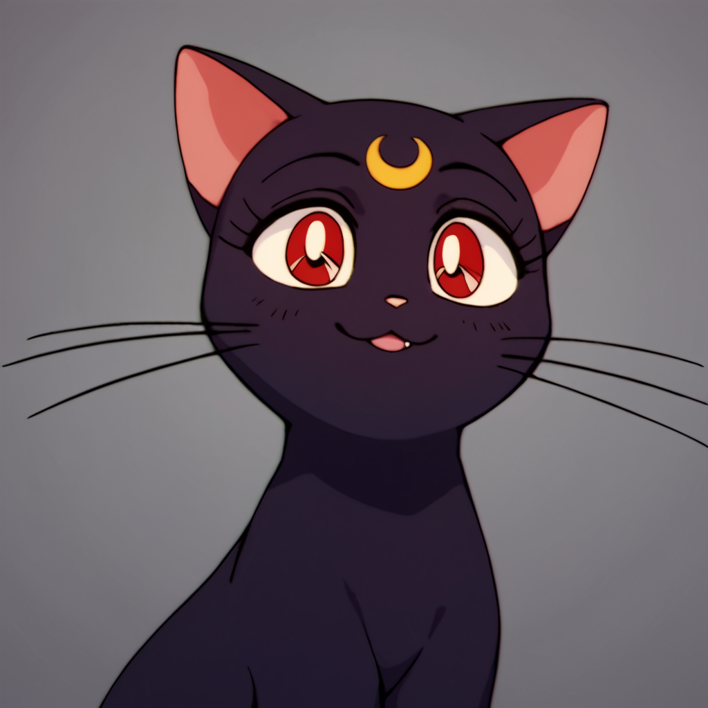 score_9, score_8_up, score_7_up, score_6_up, score_5_up, score_4_up, source_anime, , Luna, feral, cat, black fur, crescent facial mark, red eyes, , soft smile, portrait