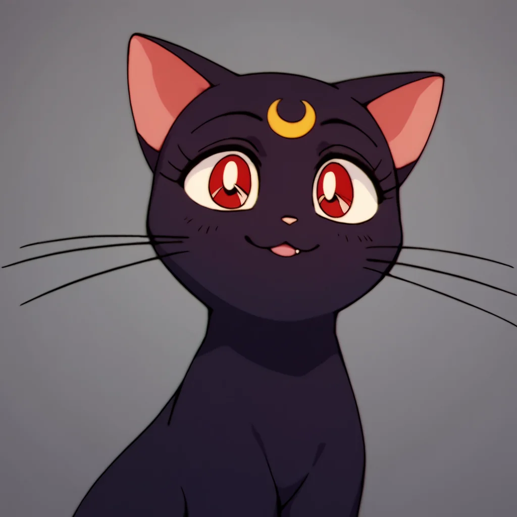 score_9, score_8_up, score_7_up, score_6_up, score_5_up, score_4_up, source_anime, , Luna, feral, cat, black fur, crescent facial mark, red eyes, , soft smile, portrait