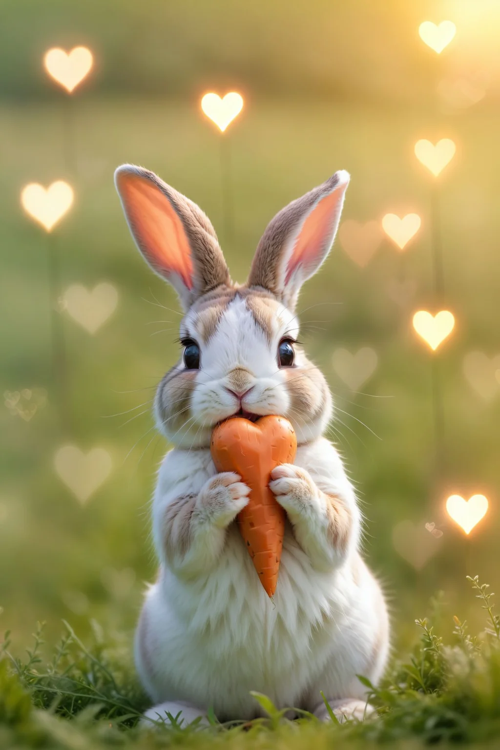 Cute bunny, munching on a carrot, blurred meadow background with soft bokeh lights, serene mood super cute wallpaper, anime, comic,
<lora:aidmaBokehmachine-V0.1:0.725> , bokehmachine, blurry background, heart bokeh