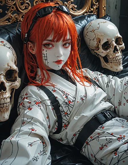 Full length portrait of a woman, face painted completely white like a geisha, black lips, welder's goggles, messy straight red hair with bangs, (Anna Dittmann, Ilya Kuvshinov), black latex jumpsuit, lying in relaxed pose on a skull-shaped sofa, aviator boots, futuristic, hyper-detailed setting <lora:Sinozick:1>  <lora:add-detail-xl:1>