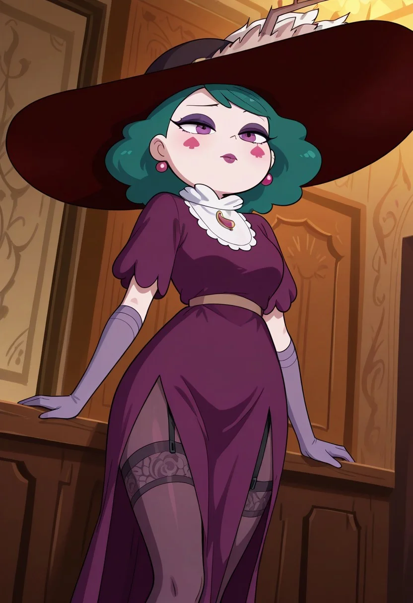 good quality, best quality, masterpiece, absurdres, high resolution, anime screencap, anime coloring, traditional media, masterpiece, best quality, amazing quality, very aesthetic, high resolution, ultra-detailed, absurdres, Indoors, dutch angle, cowboy shot
eclipsaILL
solo, green hair, purple eyes, makeup ,long purple dress, long hair, pantyhose, stockings, purple lipstick, elbow gloves, purple gloves, jewelry, hat, hat feather, garter straps, black footwear, eyeshadow, medium hair