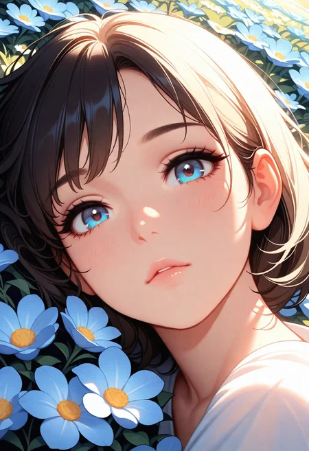 masterpiece, best quality, amazing quality, very aesthetic, flat colors, (artist:rain_rkgk:1), (artist:Tsuaii:1),
1girl, close up portrait, eye focus, looking at viewer, from above,
Bright lighting, flower field