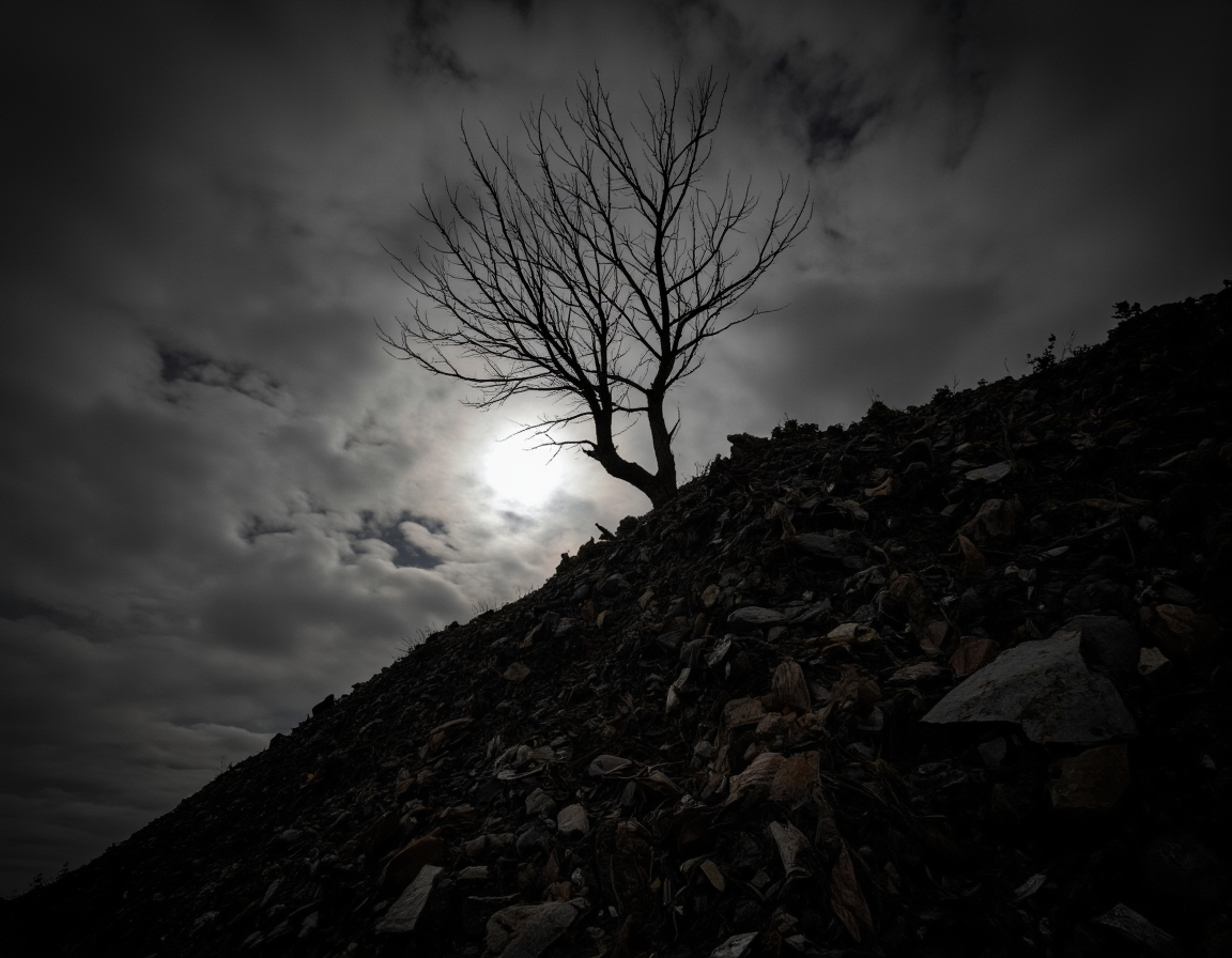 <lora:{nightambience, }Night_ambience-000015:0.65> nightambience, A haunting black and white photograph in 4k resolution, capturing a foreboding scene of a large pile of rubbish, illuminated only by the faint, silvery glow of a full moon hidden behind a veil of clouds. The rubbish, a mix of torn plastics, rusted metals, and decaying organic matter, appears as a chaotic, textured mass, with sharp edges and jagged points. Upon this desolate mound, a leafless tree stands like a skeletal sentinel, its bare branches etched against the sky like a dark, gothic pen and ink drawing. The tree's bark is rough and weathered, with deep grooves and fissures, while its limbs stretch towards the moon like bony fingers. The atmosphere is heavy with a sense of foreboding and decay, as if the very presence of the tree is a testament to the resilience of life in even the most inhospitable of environments. The lighting is stark and contrasting, with deep shadows cast by the tree's branches and the rubbish, emphasizing the bleakness and desolation of the scene. The full moon, though obscured, casts an eerie glow, imbuing the image with an air of mystery and menace. The shot is a wide-angle, capturing the entirety of the rubbish pile and the tree, with a shallow depth of field that blurs the distant clouds, drawing the viewer's eye inexorably towards the haunting, monochromatic landscape. The overall mood is one of haunting, sinister beauty, inviting the viewer to ponder the secrets and stories hidden within the decay and neglect. The image features a high level of detail and texture, with crisp, sharp lines and a subtle film grain, adding to the sense of realism and immersion. . 35mm photograph, film, bokeh, professional, 4k, highly detailed