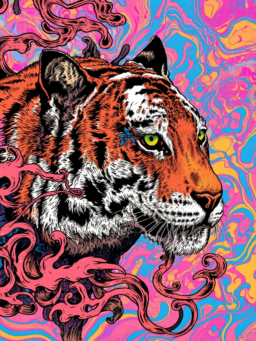 TThis vibrant, surreal digital artwork features a stylized, fantastical depiction of a tiger's head. The tiger's face is rendered in intricate, swirling patterns of orange, white, and black, capturing the intricate details of its fur and expressive eyes. Its face is adorned with elaborate, flowing patterns that extend into the background, blending seamlessly with the vibrant, psychedelic background.
The tiger's head is positioned slightly to the left, with its eyes gazing off to the right. Its mane and fur are depicted in swirling, abstract patterns that transition into the background.