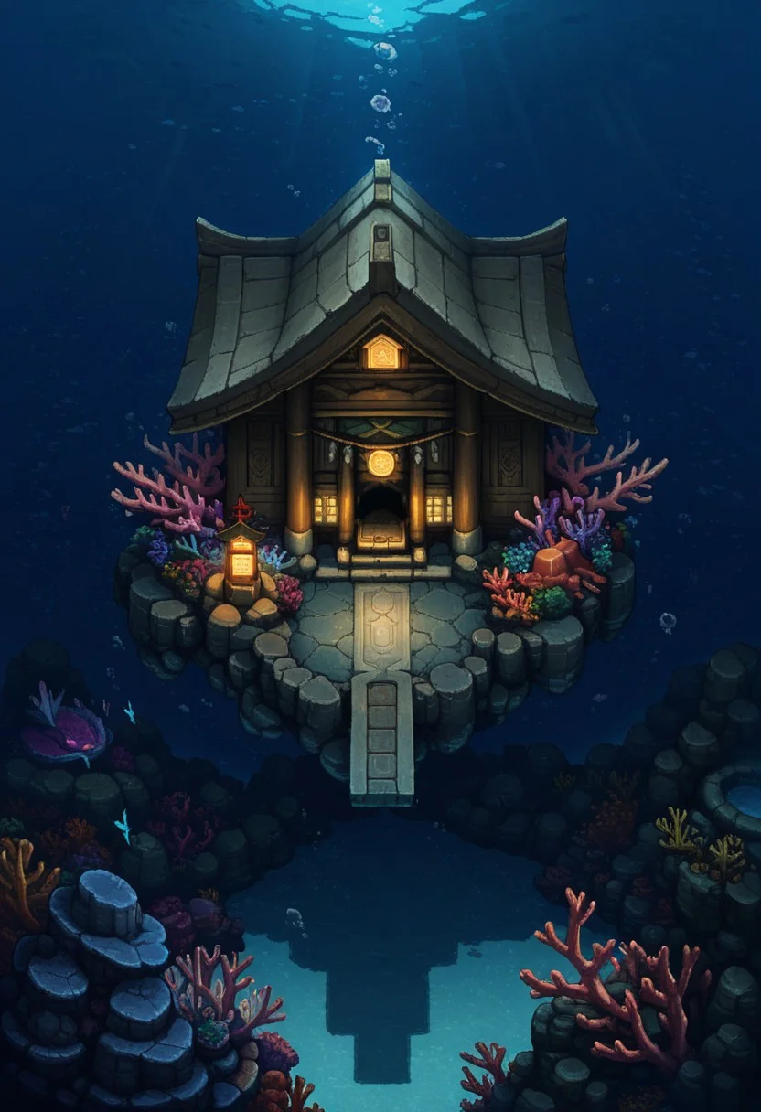 AMAZING QUALITY, MASTERPIECE, OVERWORLD, SCENERY, FROM ABOVE, DARK, UNDERWATER, TEMPLE, CORAL, GLOWING